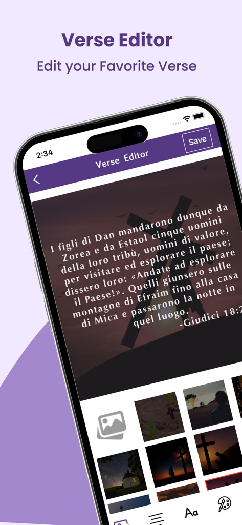 Un teléfono inteligente que muestra el Editor de Versos en la aplicación Biblia Italiana con un verso personalizado sobre un fondo de imagen de una cruz al atardecer.