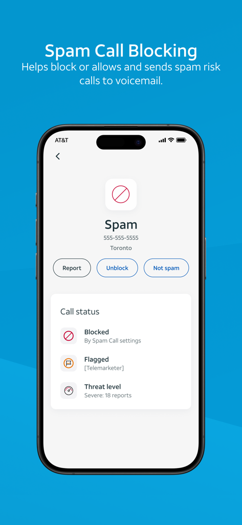 AT&T ActiveArmor® - Interface do aplicativo AT&T ActiveArmor mostrando bloqueio de chamadas de spam e níveis de ameaça