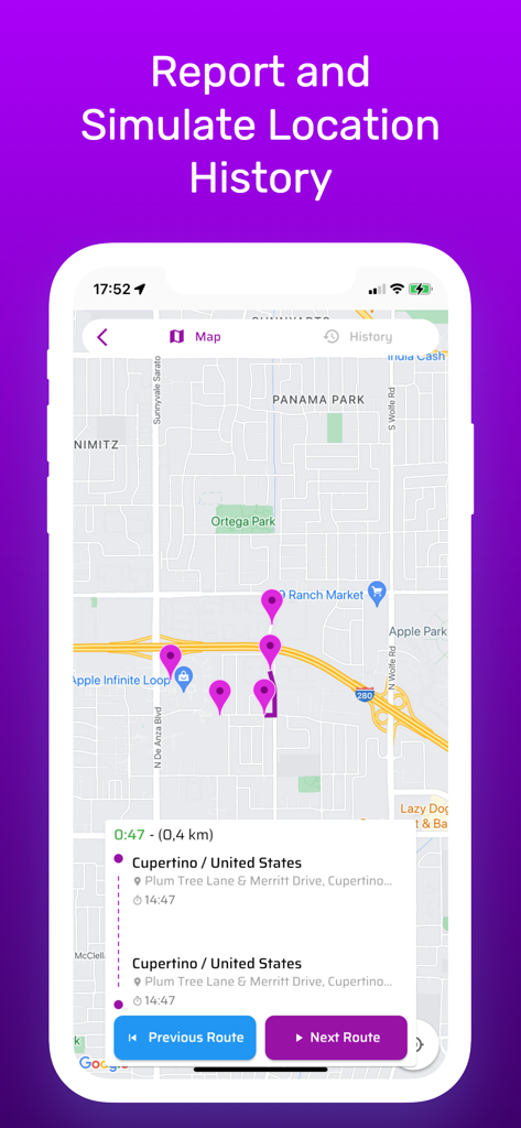 Find Family: Location Tracker - A map interface showing tracked routes and location history of family members