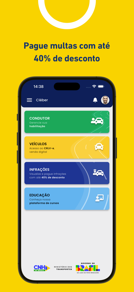 Dashboard principale dell'app CNH do Brasil che mostra le opzioni di gestione del conducente, del veicolo e delle infrazioni stradali