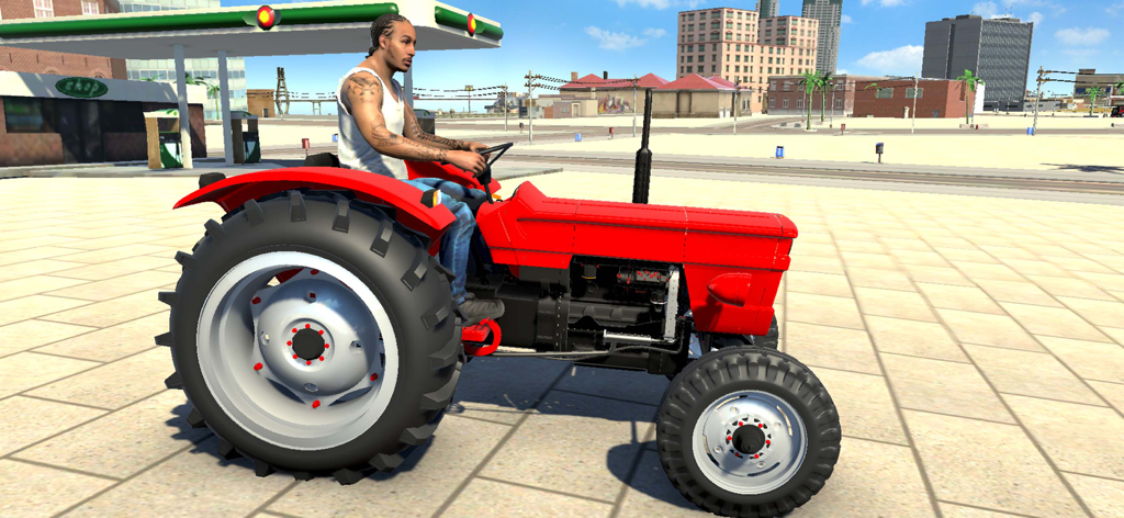 A man with tattoos driving a red tractor in an open world urban city environment from Gangster Wars Mafia City Game