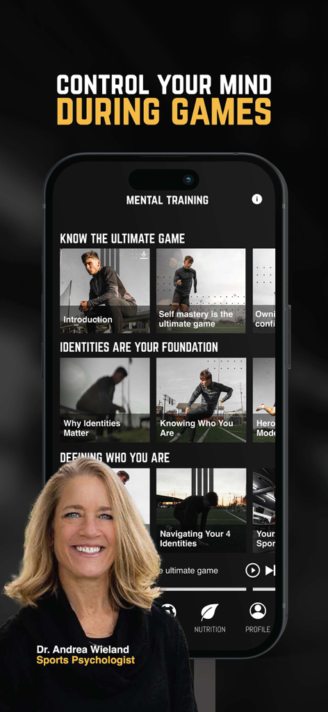 NSP Soccer Training - Mental performance training screen on the NSP Soccer app featuring sports psychologist Dr. Andrea Wieland