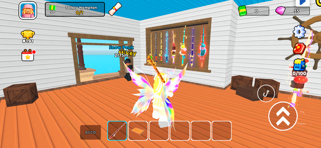 빛나는 나비 날개를 가진 캐릭터가 벽에 다채롭고 빛나는 낚싯대 컬렉션을 보여주는 방에 서 있습니다.