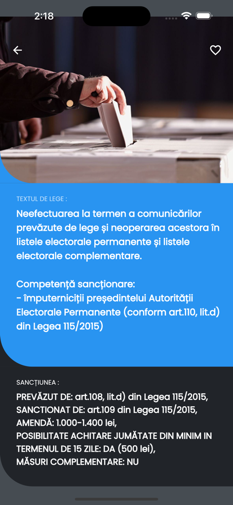 Amenzi Alegeri - Una pantalla que muestra detalles de la ley electoral y montos de multas en la aplicación móvil Multas Electorales.