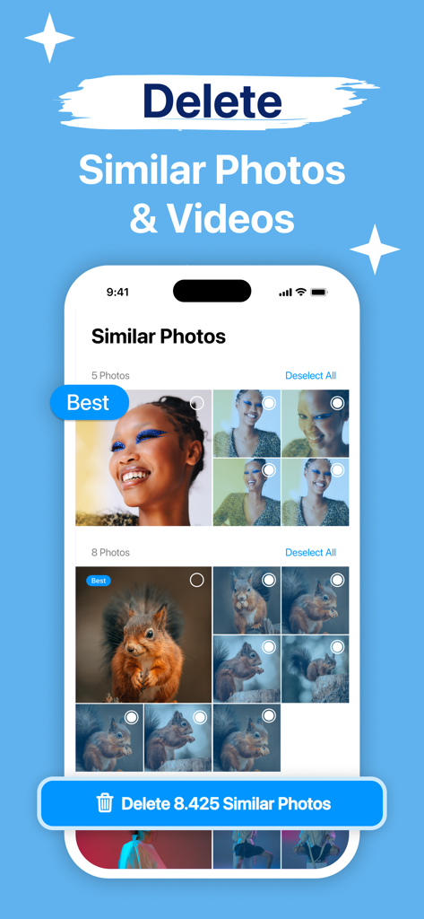 Phone Cleaner - Clean Up - iPhone app interface showing smart grouping of similar photos with a feature to bulk delete images and free up storage space