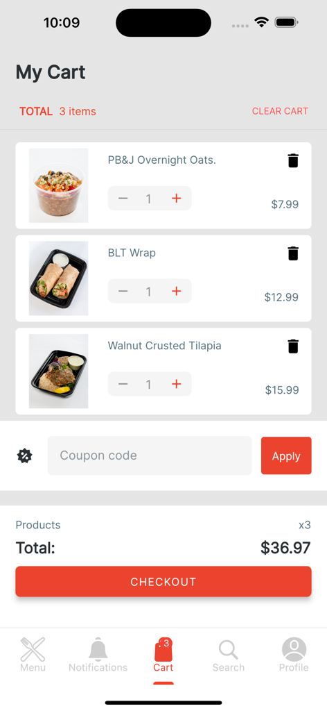 Eat Clean Chicago - Eat Clean Chicago app shopping cart showing PB and J overnight oats, BLT wrap, and walnut crusted tilapia with a total and checkout button