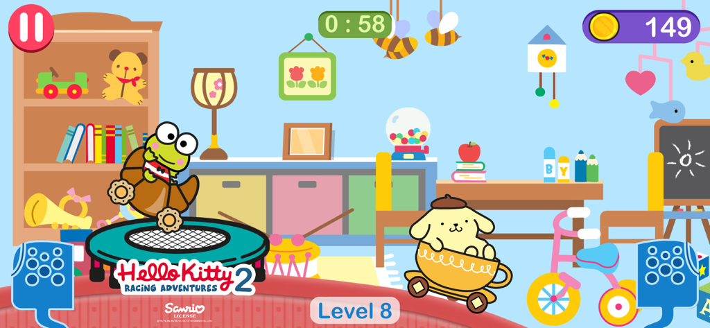 Hello Kitty car games for girl - Keroppi jumping on a trampoline and Pompompurin in a teacup car during a playroom race level.