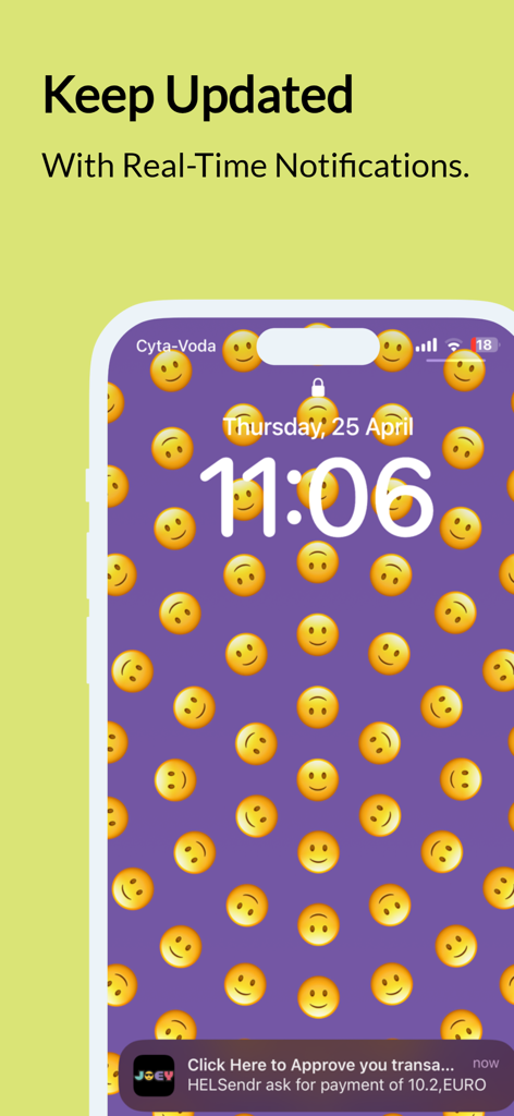 Joey: Teen Banking - La schermata di blocco di uno smartphone che mostra una notifica di approvazione di transazione in tempo reale dall'app di banking per adolescenti Joey.