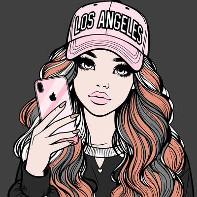 realistic beautiful girl wearing los ángeles cap holding an iphone