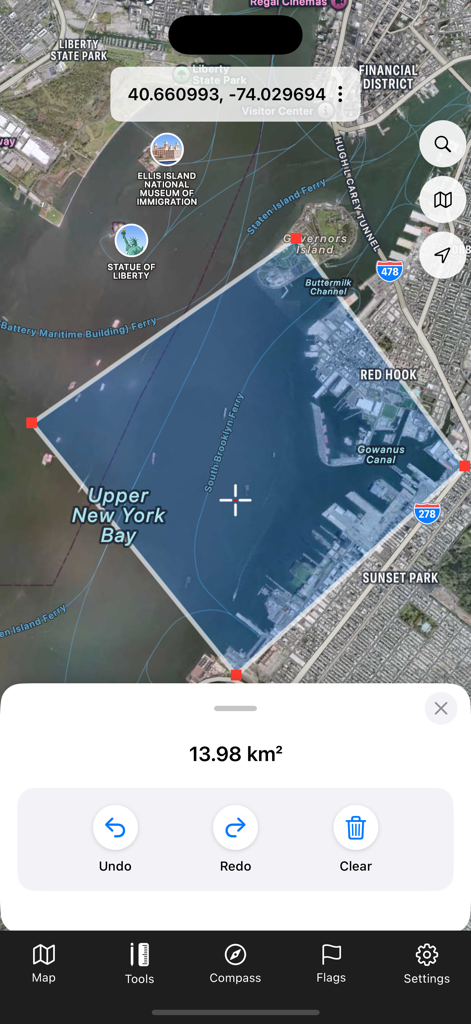 Area measurement tool on a satellite map of New York Bay