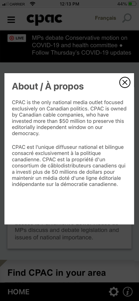 Bilingual About section of the CPAC TV 2 GO app explaining its role in Canadian political media.