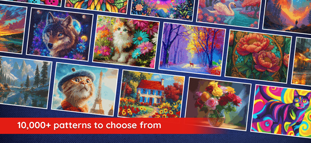 Cross-Stitch World - A gallery showcasing a wide variety of cross-stitch patterns including animals landscapes and flowers.