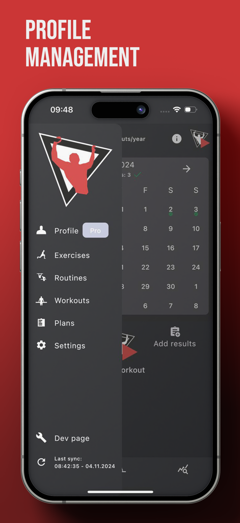 True Trainer - A smartphone screen showing the side menu of the True Trainer calisthenics app with options for profile exercises routines and workouts.