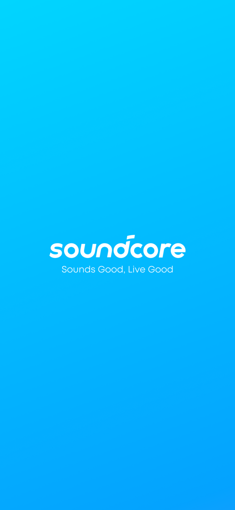 soundcore - Pantalla de inicio de la aplicación Soundcore con el logotipo y el eslogan sobre un fondo azul