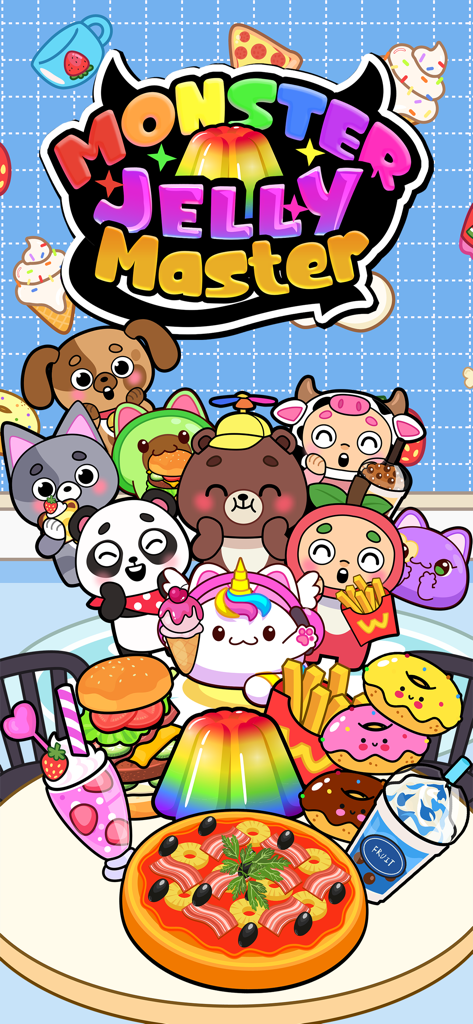 Colorful cartoon characters gathered around a table with rainbow jelly, pizza, and donuts in the Jelly Mukbang ASMR Master game.