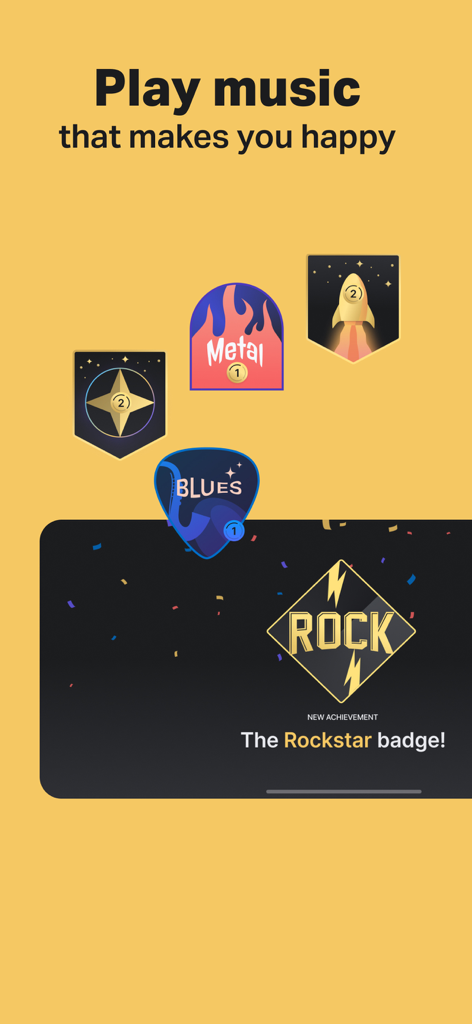 Tela do aplicativo Yousician exibindo emblemas de conquistas musicais gamificados, incluindo um emblema Rockstar destacado e medalhas dos gêneros Metal e Blues.