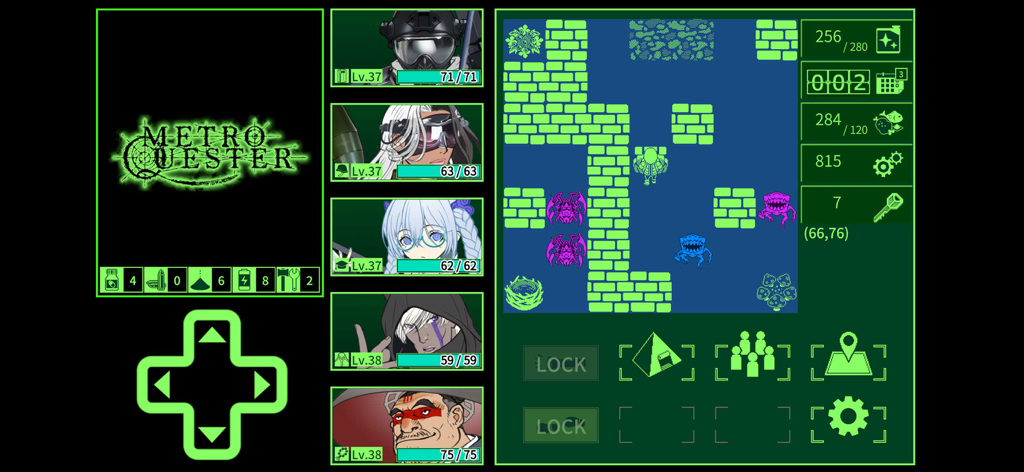 METRO QUESTER - Hack & Slash - Gameplay screen of Metro Quester showing character portraits and a retro grid based dungeon map