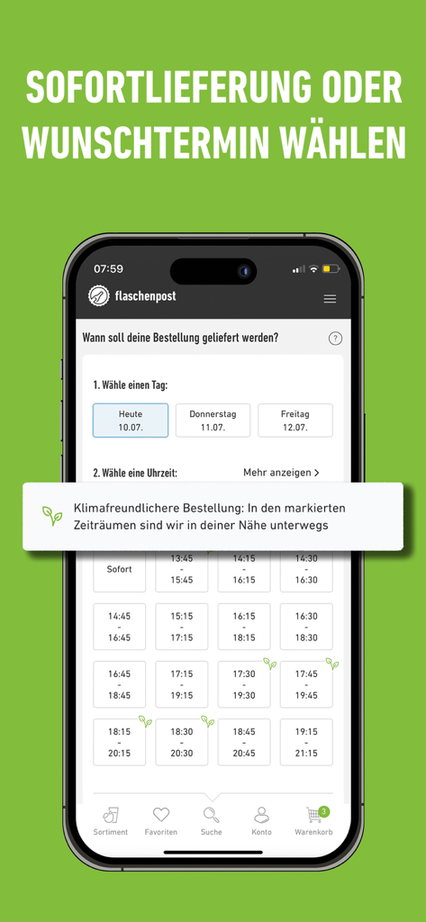 Una pantalla de teléfono inteligente que muestra las opciones de fecha y hora de entrega en la aplicación Flaschenpost