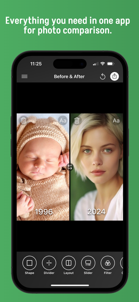 A side by side photo comparison app interface showing a transformation from a baby in 1996 to a woman in 2024.