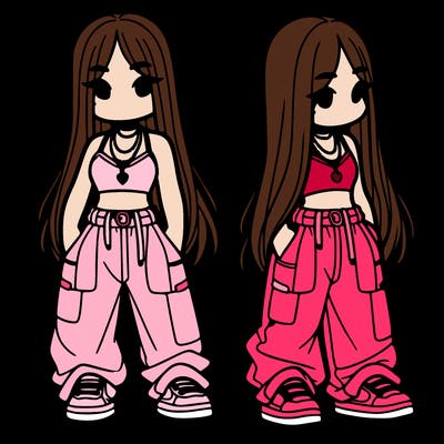 girl in baggy pants crop top and long hair