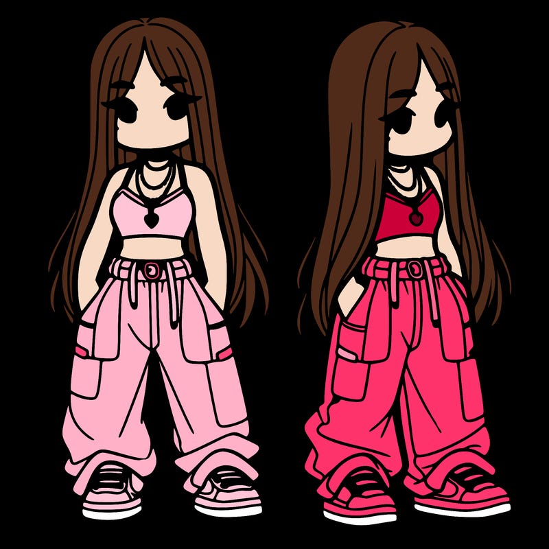 girl in baggy pants crop top and long hair