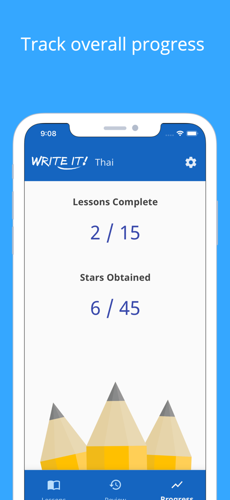 Write It! Thai - Bildschirm zur Fortschrittsverfolgung in der Schreib es! Thai App zeigt abgeschlossene Lektionen und verdiente Sterne.
