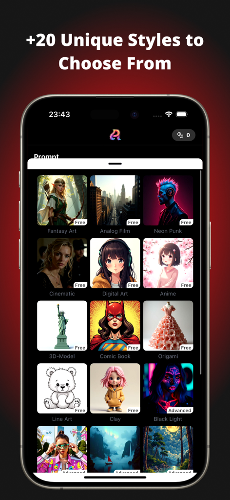 Artify: Art & Photo Generator - Un'interfaccia mobile di Artify AI che mostra una griglia di oltre 20 stili artistici unici tra cui Fantasy Art, Anime e Fumetti.