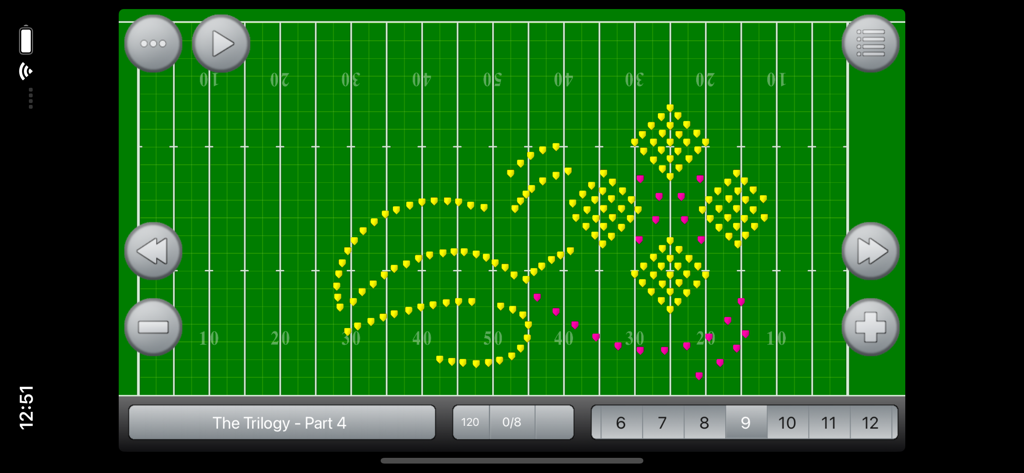 Drillbook Next Reader - Interface of the Drillbook Next Reader app showing a marching band drill formation on a football field with yellow and pink marcher markers