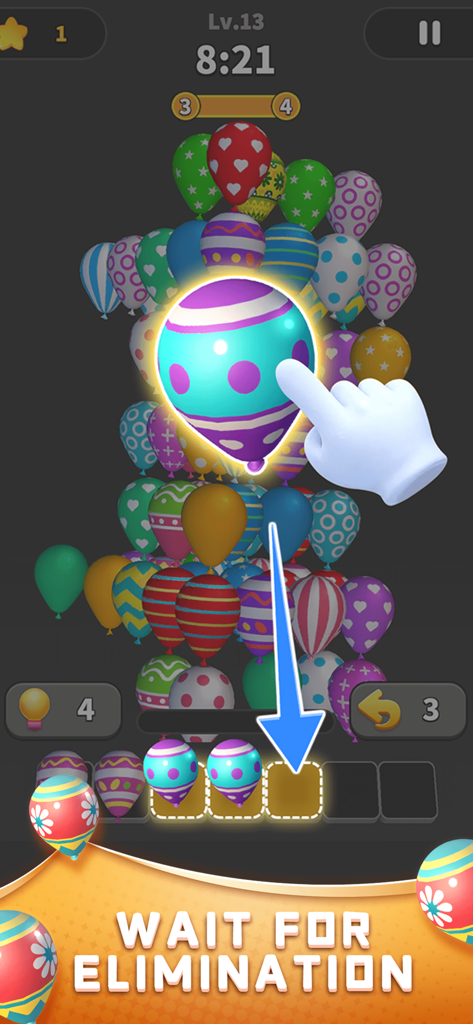 Balloon Master 3D:Puzzle Games - Gameplay of Balloon Master 3D showing a player matching colorful patterned balloons