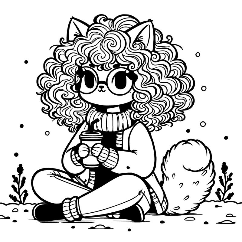curly-haired catgirl in jeans and a cardigan, wearing glasses, fluffy tail, sipping hot chocolate while it snows outside, blunt haircut