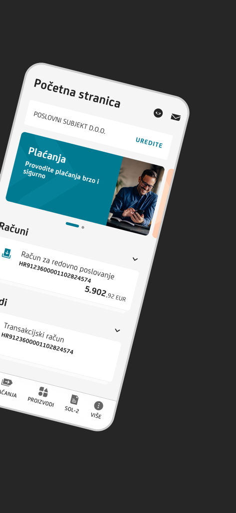 La schermata principale dell'app di mobile banking aziendale m-zaba che mostra il saldo di un conto transazionale in Euro