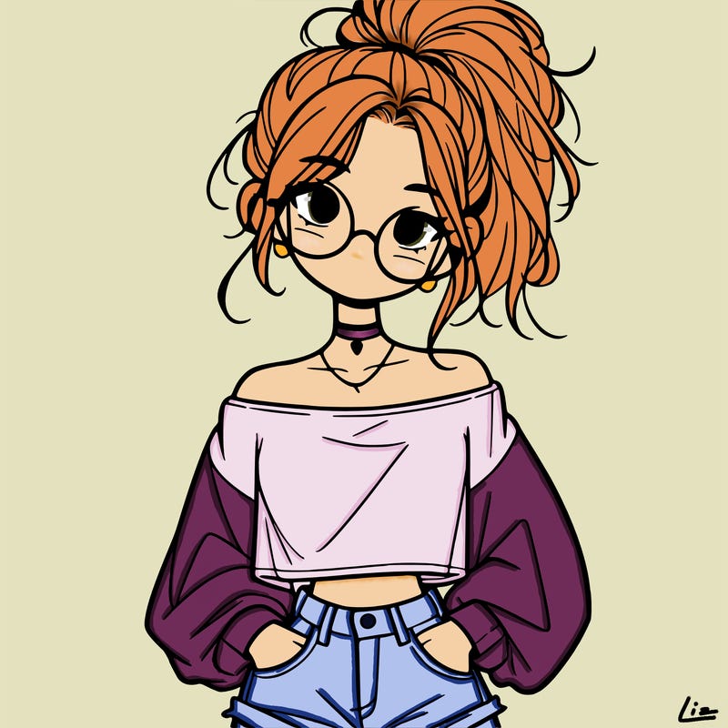 girl with a messy ponytail glasses a baggy crop top and jean shorts