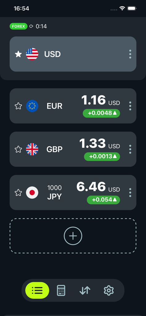 Mobile app interface showing real-time currency exchange rates for Euro British Pound and Japanese Yen against the US Dollar