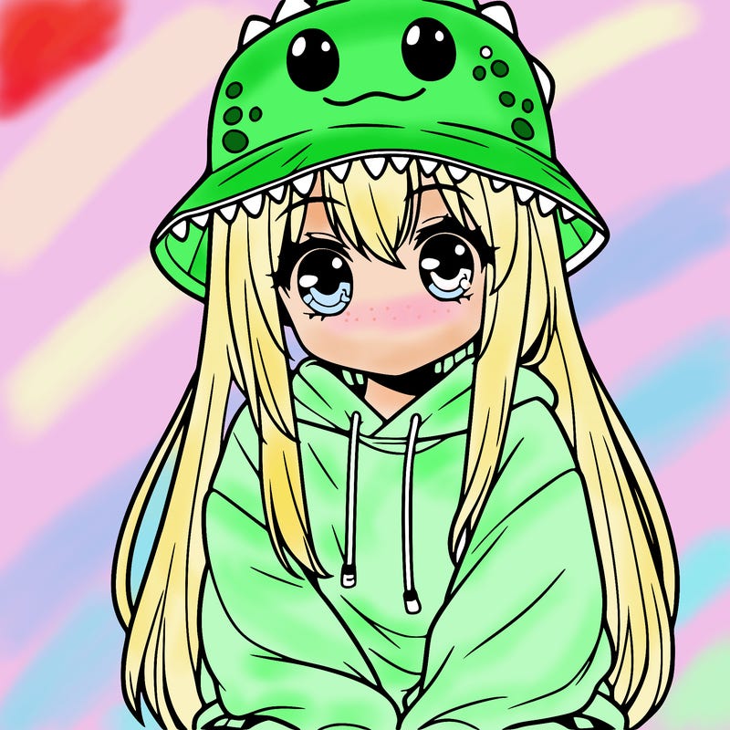 girl with anime shaped eyes with a dinosaur bucket hat oversized sweatshirt long straight hair