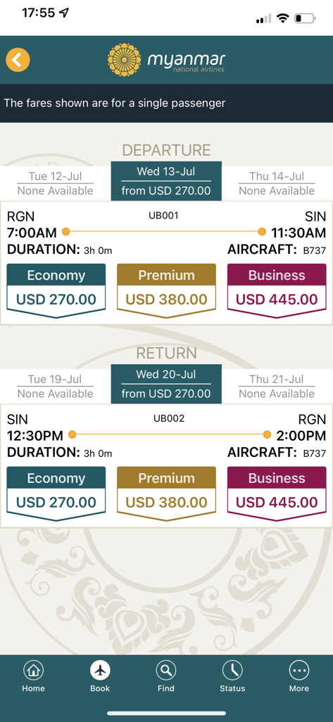 Myanmar National Airlines app flight booking results screen showing available fares for Yangon to Singapore routes