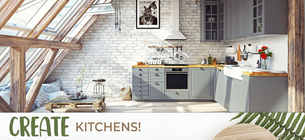 My Home Makeover Design: Words - Modernes industrielles Küchen-Design mit Dachfenstern, weißen Ziegelwänden und grauen Schränken aus einem Hausrenovierungsspiel.