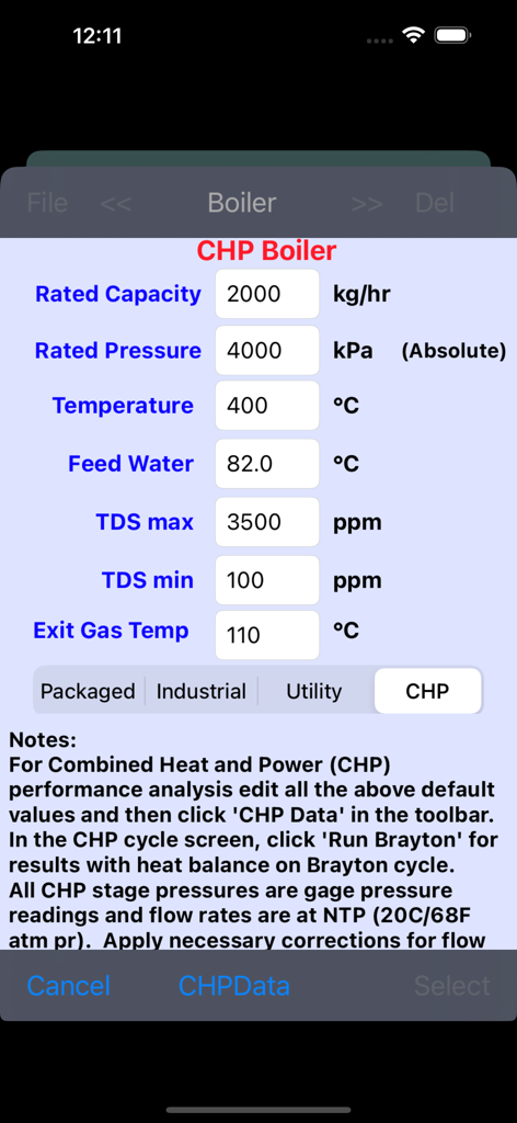 Screenshot der Boiler Efficiency App mit Dateneingabefeldern für einen KWK-Kessel, einschließlich Kapazität, Druck, Temperatur und TDS-Werte