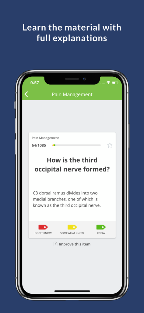 Interface do aplicativo PMR Board Exam Review mostrando um flashcard de estudo de manejo da dor com uma pergunta médica e explicação detalhada