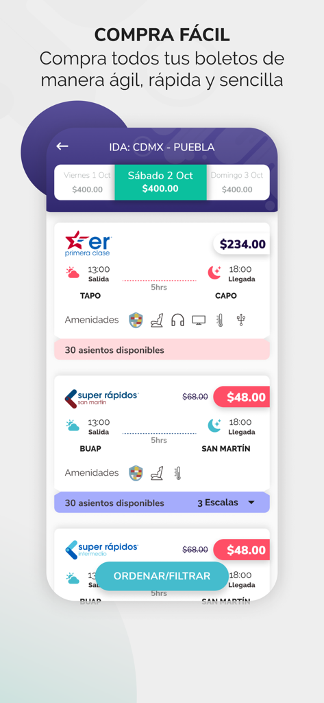 Capture d'écran de l'application Estrella Roja montrant les options de trajet en bus et les prix pour les voyages entre Mexico et Puebla.
