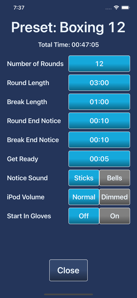 Boxing iTimer Lite - Boxing iTimer Lite settings screen showing configuration for 12 rounds of three minutes with one minute breaks