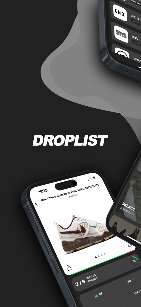 Droplist App-Oberfläche, die einen Sneaker-Release und den Status der Raffle-Teilnahme anzeigt