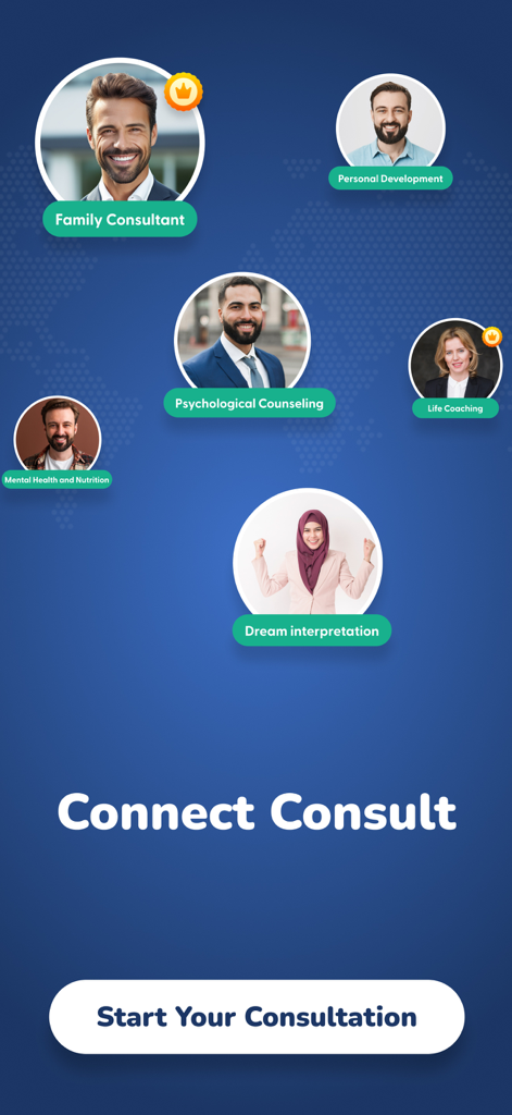 Shawir Online Consultations - Shawirアプリのインターフェース。家族コンサルタント、心理カウンセリング、夢占いなどの相談カテゴリと開始ボタンが表示されています。