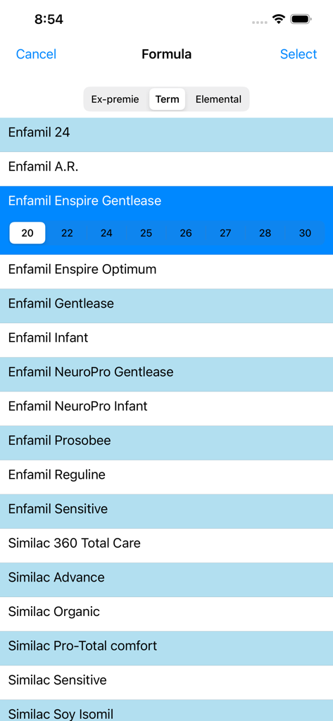 Infant Nutrition Calculator - Interface de l'application Calculateur de Nutrition Infantile montrant une liste complète de formules infantiles et d'options de densité calorique pour les professionnels de la santé