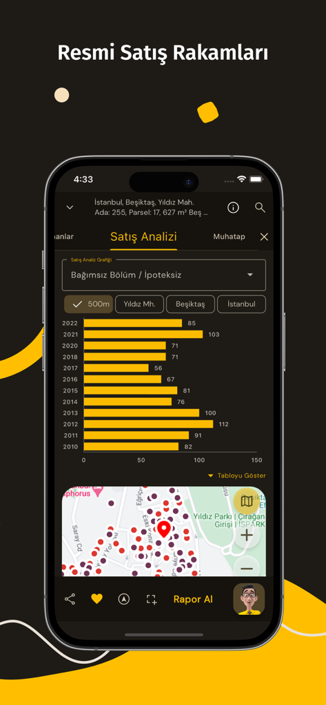 Capture d'écran de l'application Tapusor affichant un graphique à barres des chiffres annuels officiels des ventes immobilières et une carte interactive pour l'analyse des investissements immobiliers en Turquie.