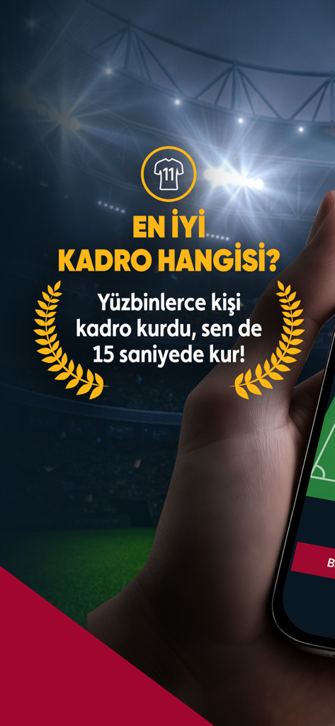 Webaslan - GS 1905 Haber - Uma tela de aplicativo móvel apresentando o montador de escalação do Galatasaray com um fundo de estádio