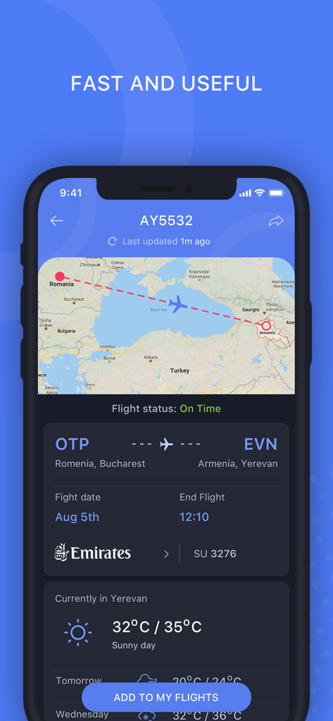 Zvartnots Airport - Zvartnots Airport app showing real time flight tracking from Bucharest to Yerevan