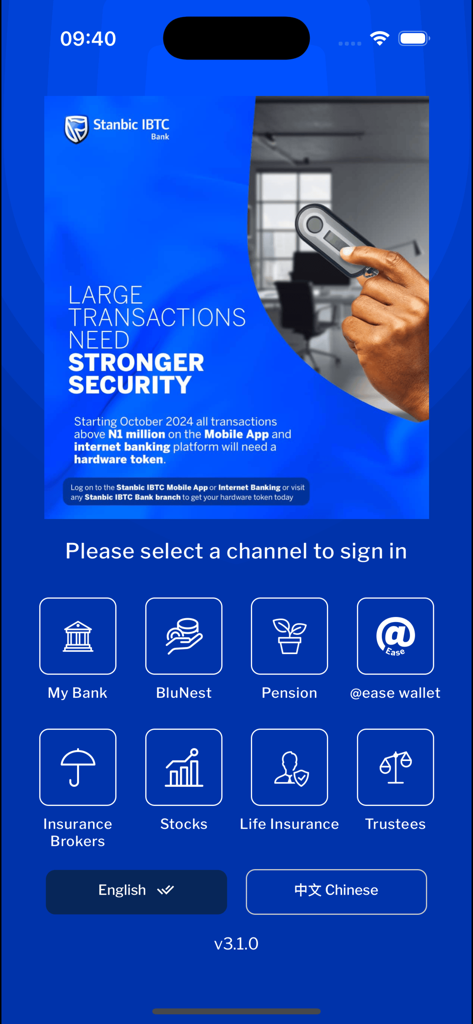 Stanbic IBTC Mobile 3.0 app interface displaying various financial service channels for sign in.