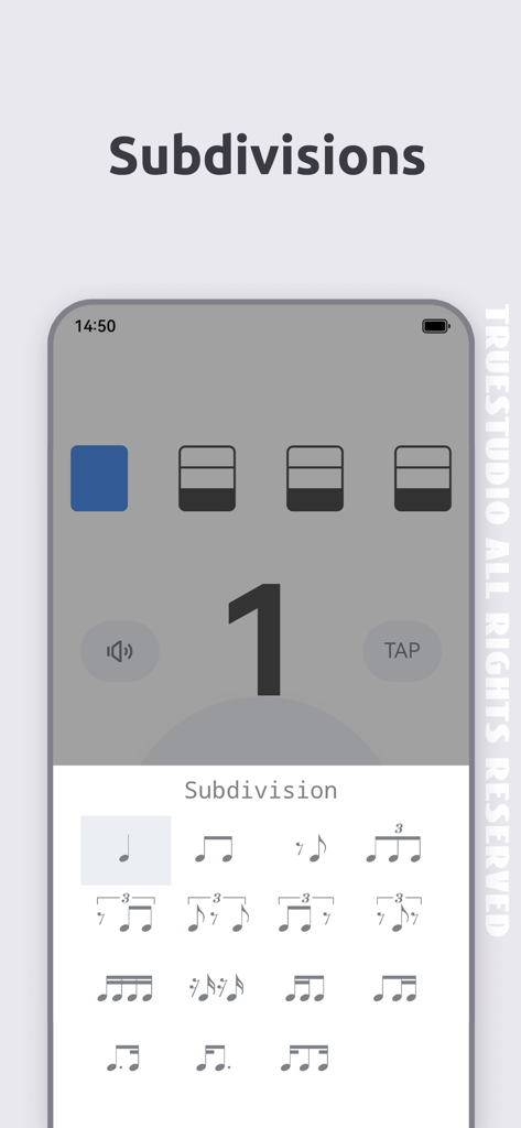 Ukulele Tuner - Ukutuna - Interfaccia dell'app Accordatore per Ukulele che mostra le opzioni di suddivisione ritmica del metronomo