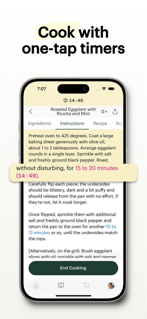 Deglaze: Cooking, Simplified - Mobile app interface showing a recipe for roasted eggplant with an active one tap countdown timer