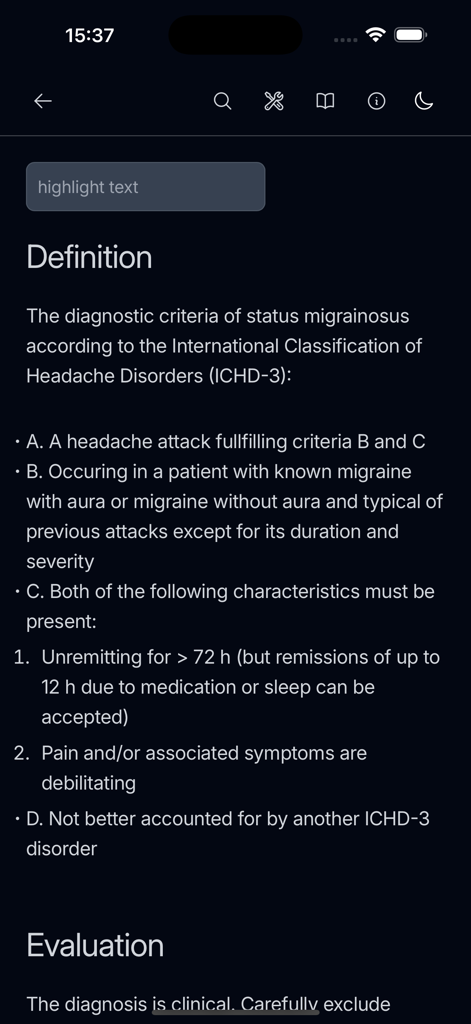 Diagnosekriterien für Status migränosus gemäß ICHD-3 in der Neuro Assistant App